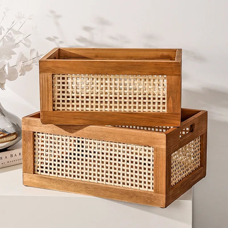 Solid Wood Rattan Storage Basket - Multi-Room Kitchen Bathroom Organizer
