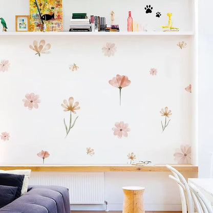 Watercolor Boho Pink Flowers Leaves Wall Decal Nursery Kids Room