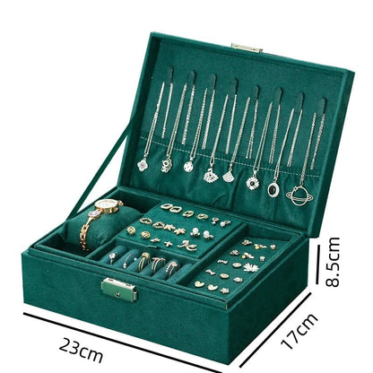 Green Velvet Jewelry Box Double Lock Large Capacity Vintage Style