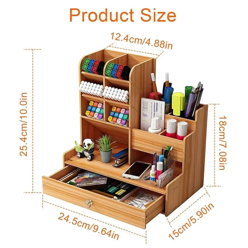 Large Wooden DIY Desk Organiser with Drawer - Multi-Compartment Pen