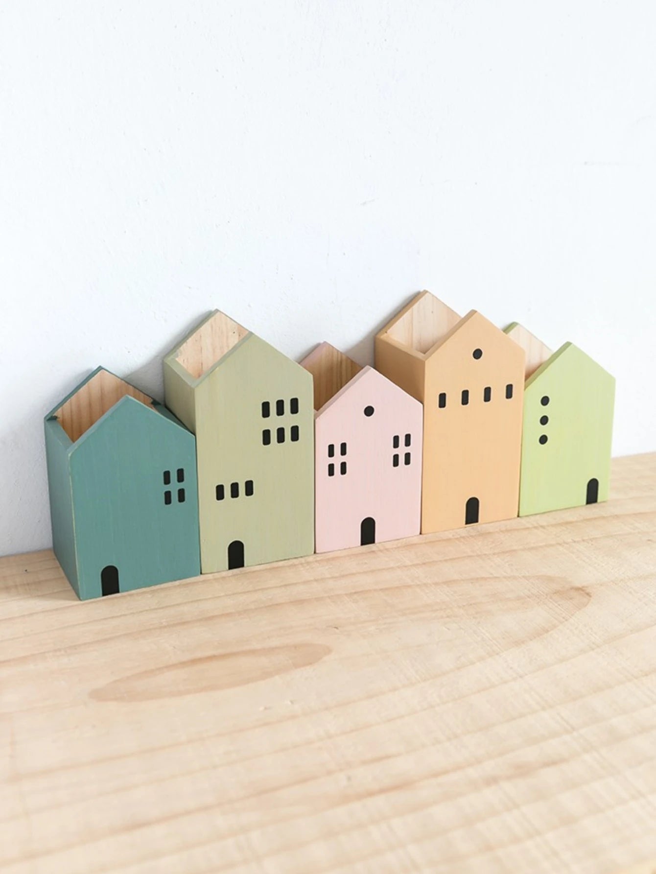 Cartoon House Wooden Pen Holder Desktop Storage Organiser Container