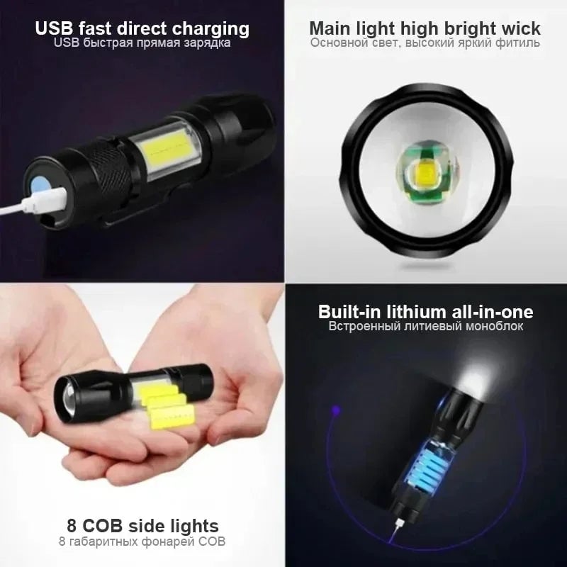 USB Rechargeable Mini Flashlight COB+XPE LED 3-Mode Zoomable Torch