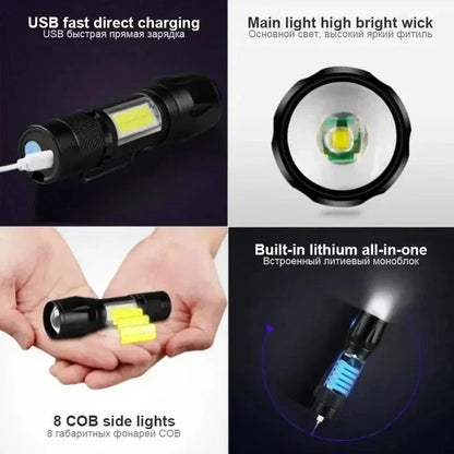 USB Rechargeable Mini Flashlight COB+XPE LED 3-Mode Zoomable Torch