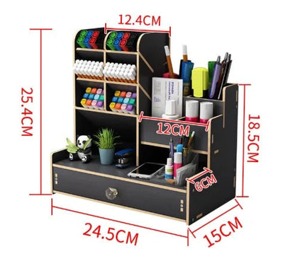 Large Wooden DIY Desk Organiser with Drawer - Multi-Compartment Pen