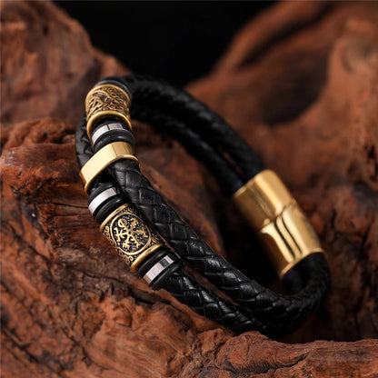 Norse Runes Genuine Leather Braided Bracelet Stainless Steel Beads