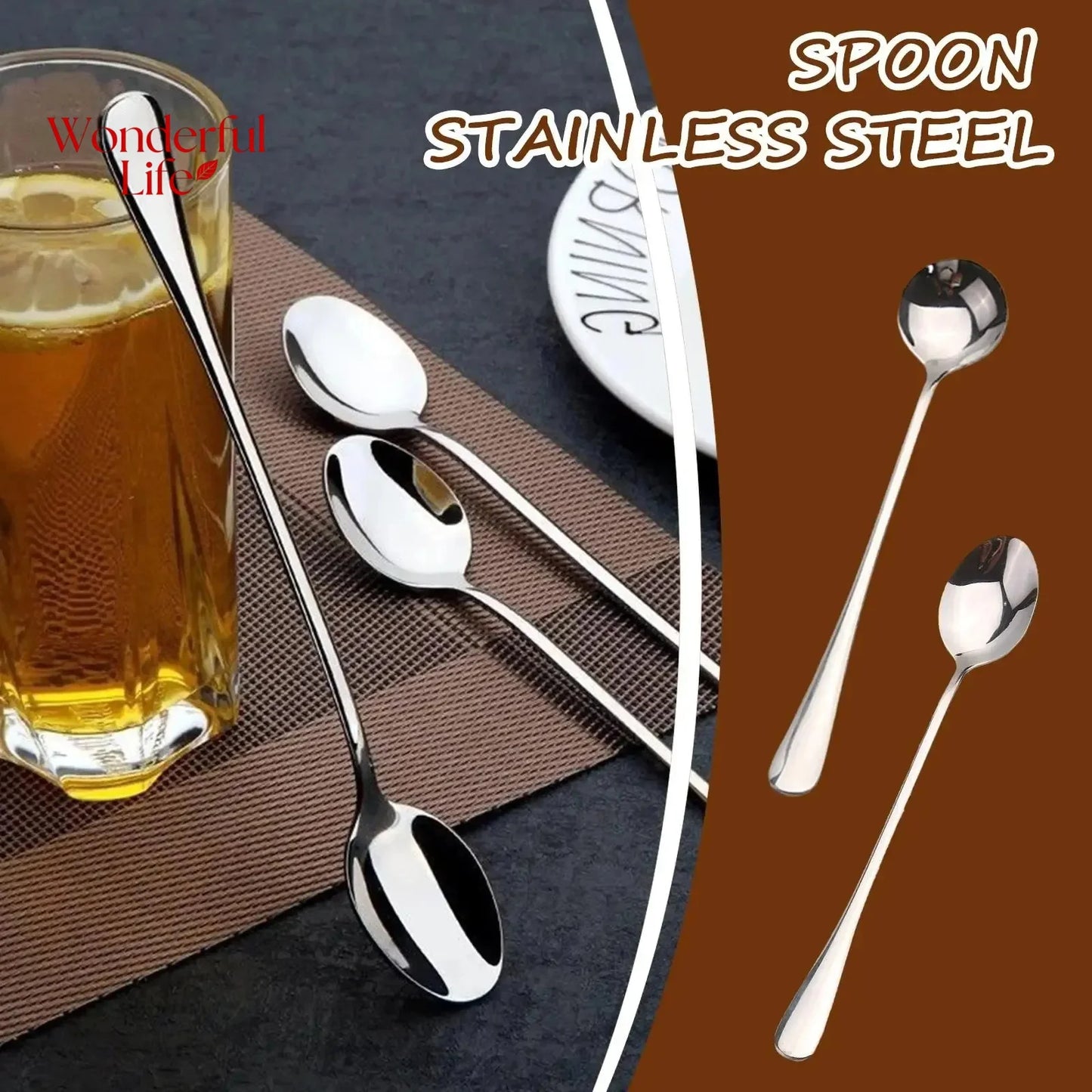 Stainless Steel Long Handle Ice Teaspoons 6pc Set Dishwasher Safe