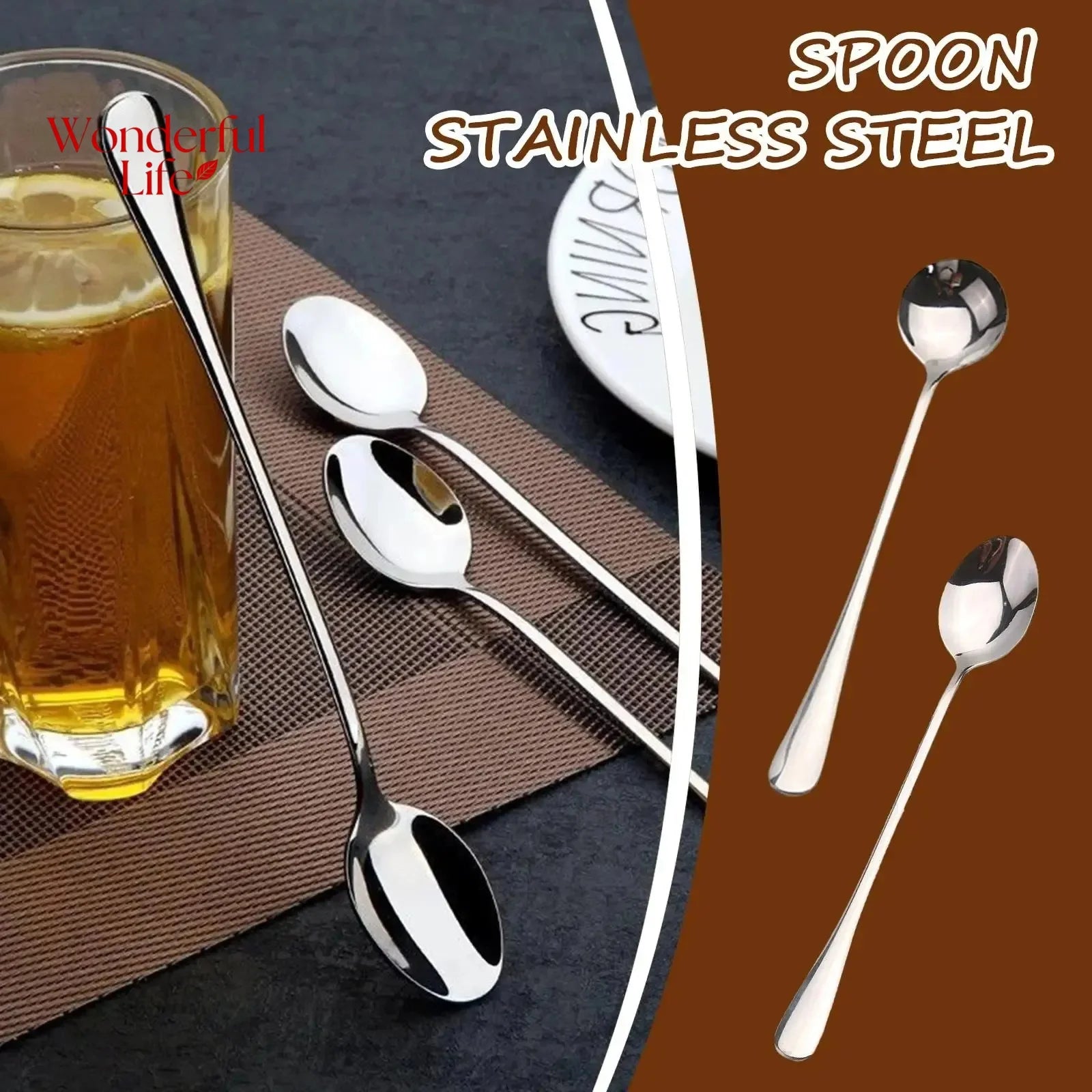 Stainless Steel Long Handle Ice Teaspoons 6pc Set Dishwasher Safe