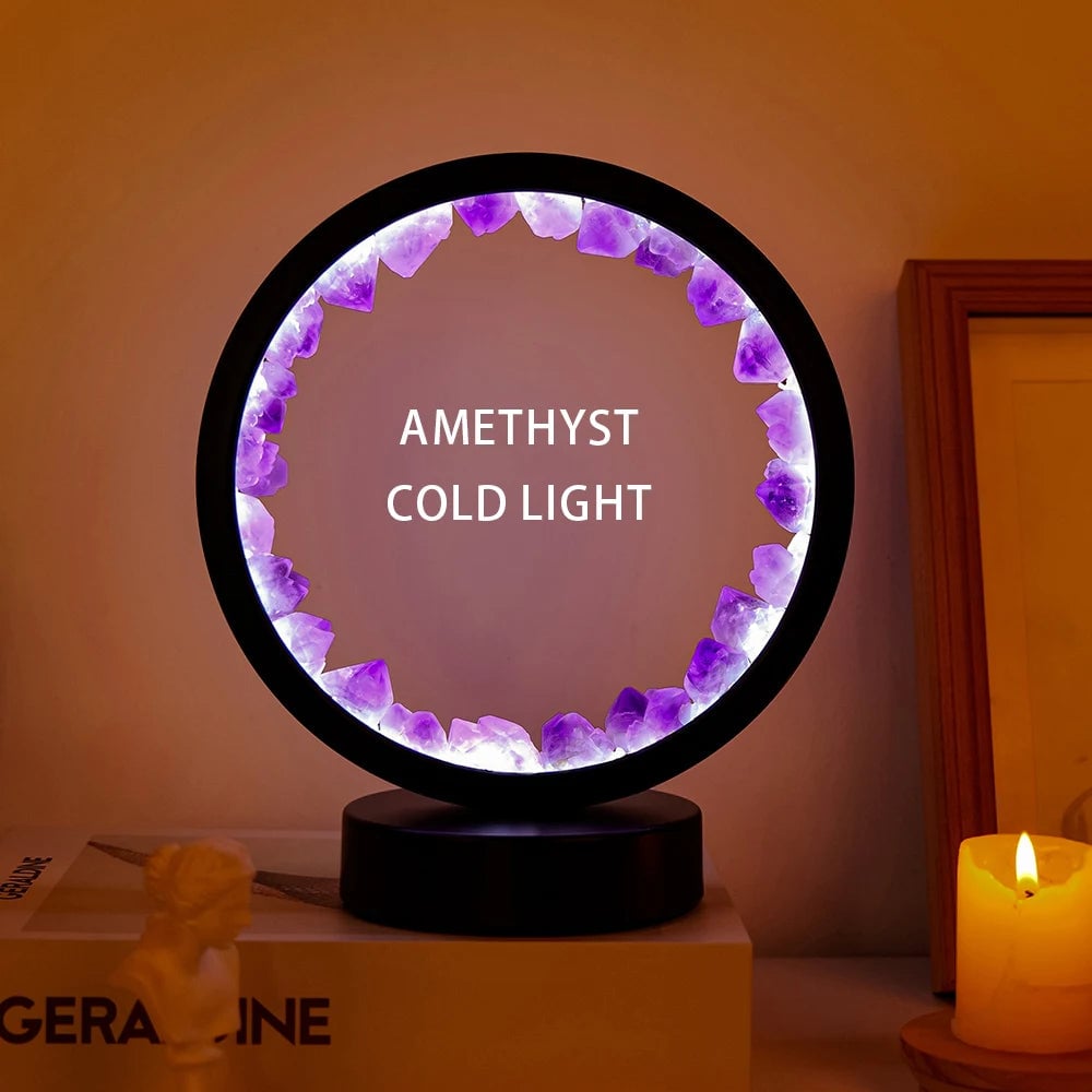 LED Crystal Amethyst Healing Stone Lamp - Natural Round Gemstone