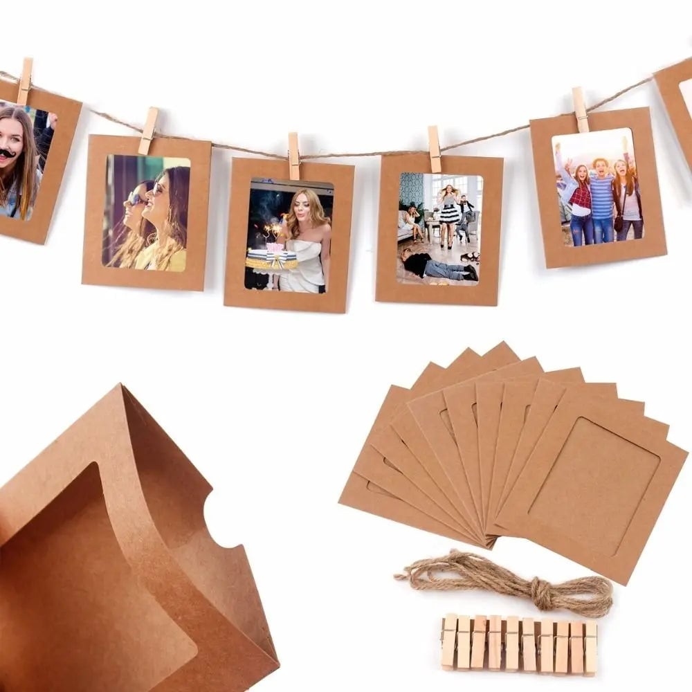 10Pc DIY Paper Photo Frames with Clips & Rope Wall Hanging Decor Set