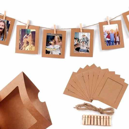 10Pc DIY Paper Photo Frames with Clips & Rope Wall Hanging Decor Set