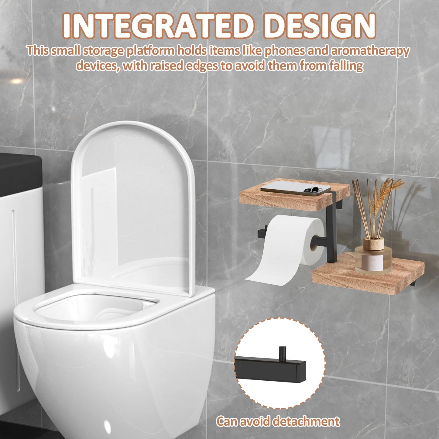 Wall Mounted Wooden Toilet Paper Holder with Storage Shelf