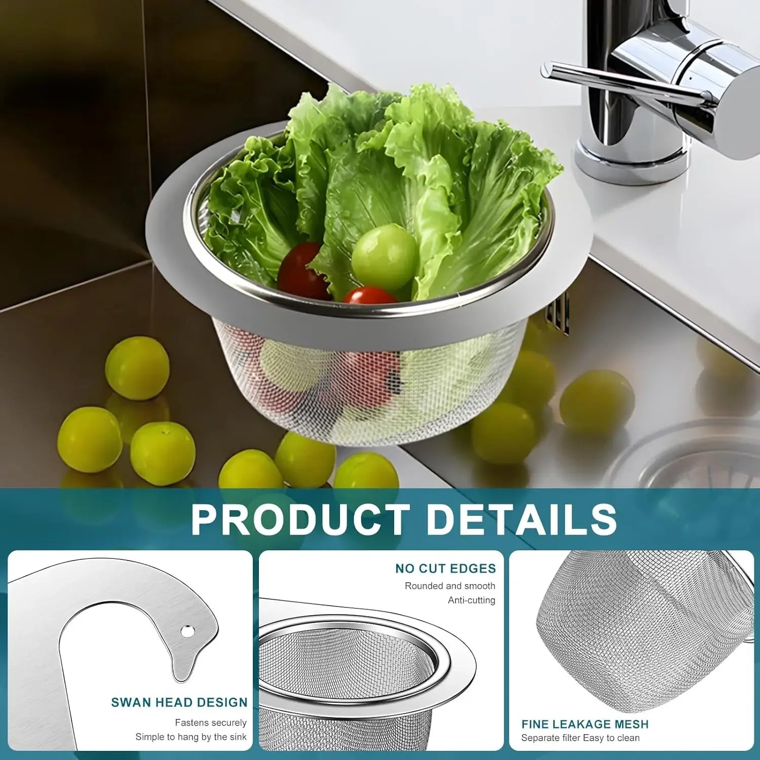 Stainless Steel Swan Sink Strainer Basket Drain Colander