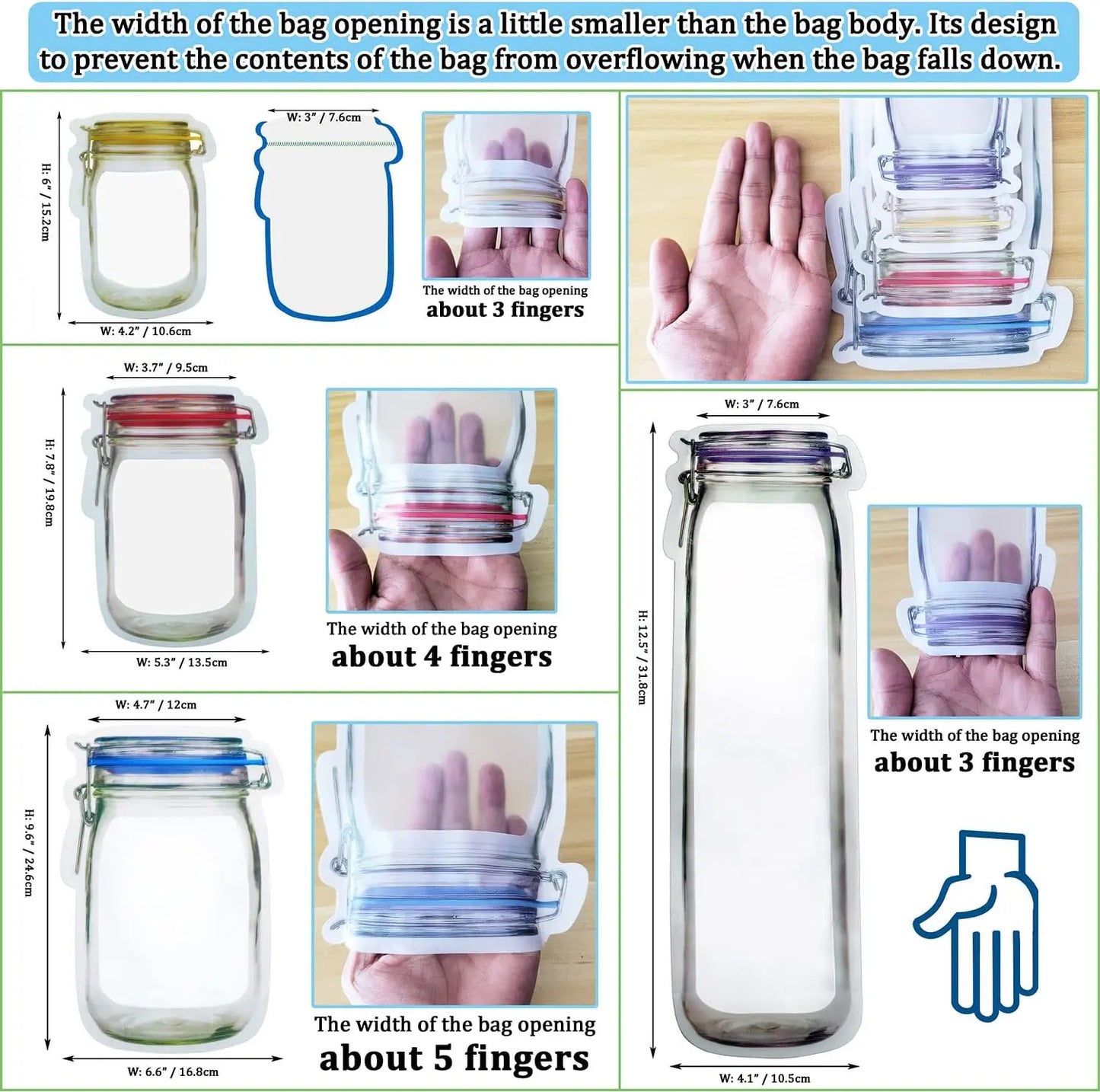Leakproof Reusable Mason Jar Zipper Bags Multi-Size Food Storage