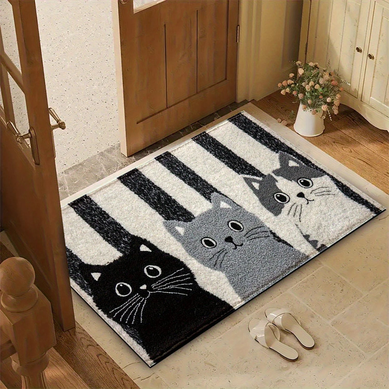 Waterproof Striped Cat Cartoon Doormat - Soft Non-Slip Floor Rug