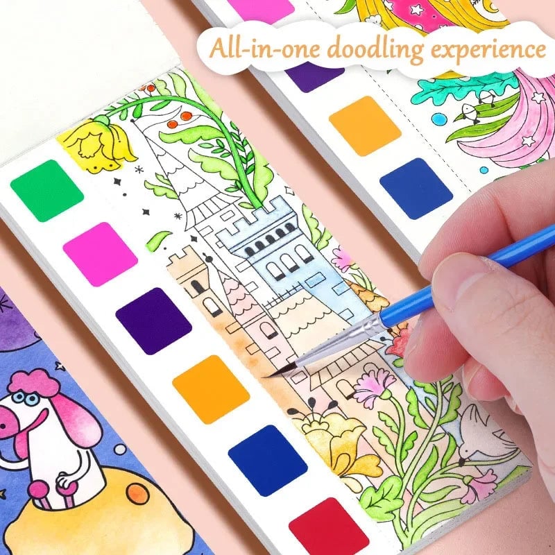12-Sheet Portable Watercolor Book with Brush - Kids Art Set