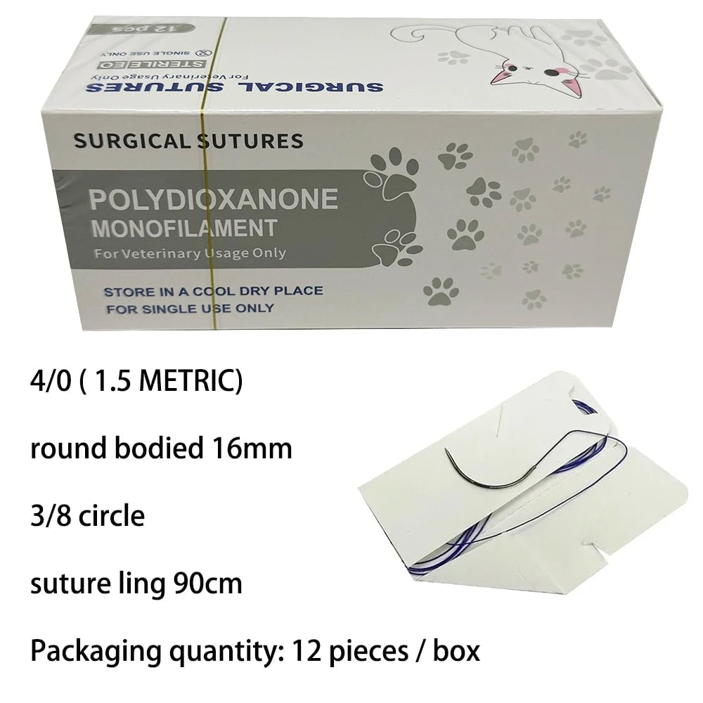 12pcs Pet PDO Sutures 3/8 Circle 90CM Needle 2/0-5/0 Cat Dog Surgery