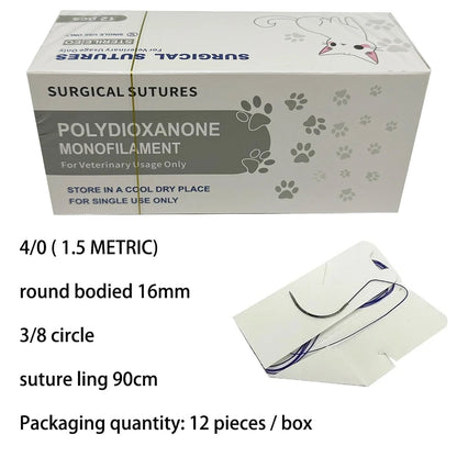 12pcs Pet PDO Sutures 3/8 Circle 90CM Needle 2/0-5/0 Cat Dog Surgery