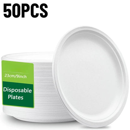 50PCS Waterproof Oil Resistant Round Paper Plates Disposable