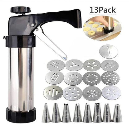 Stainless Steel Cookie Press Gun Kit 13 Discs 8 Icing Nozzles