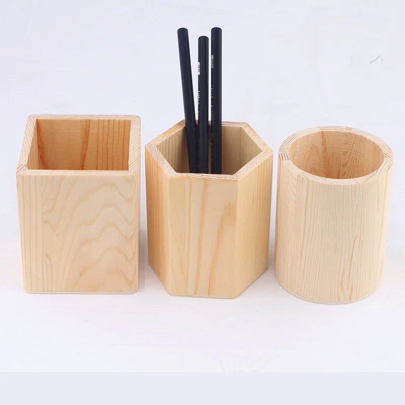 Wood Pencil Holder Desk Organiser Square Round Hexagon Pen Pot Cup