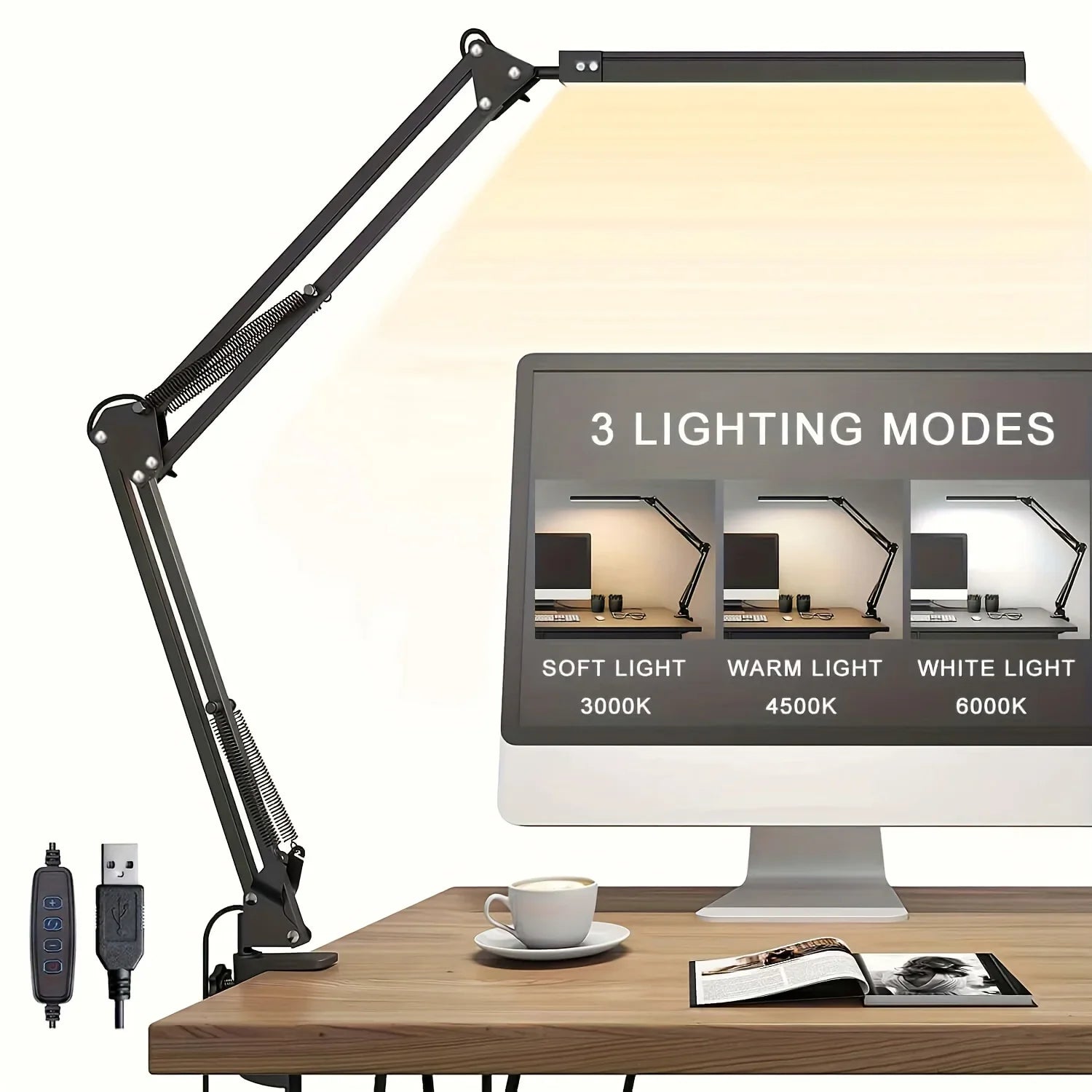 14W LED Desk Lamp Eye-Care Metal Swing Arm 3 Color Dimmable Clamp