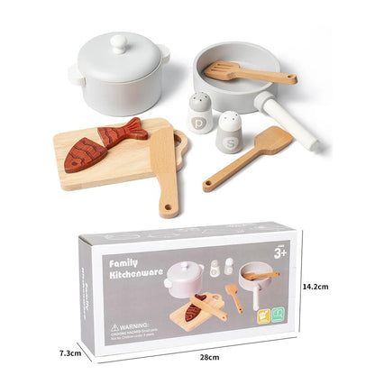 Wooden Kitchen Play Set - Chef Role Play Toys with Pots Pans & Food