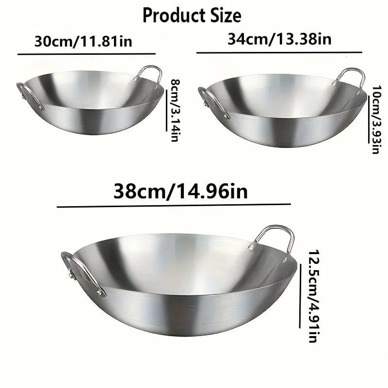 Large Stainless Steel Wok Dual Handle Commercial Chef Pan Uncoated