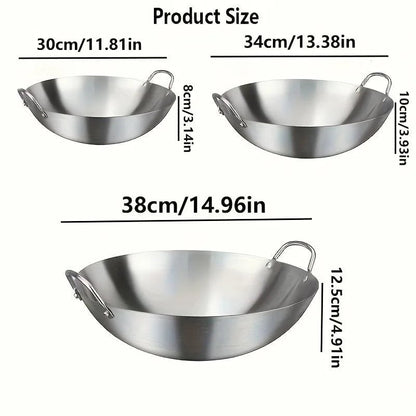 Large Stainless Steel Wok Dual Handle Commercial Chef Pan Uncoated