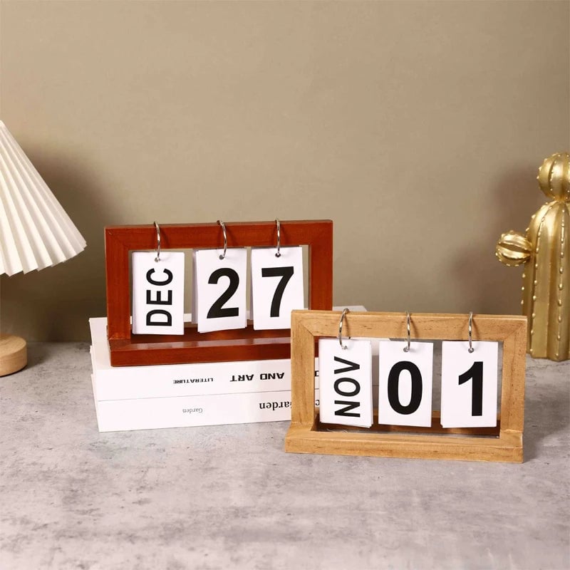 Wooden Flip Calendar Perpetual Desktop Photo Frame Home Decor