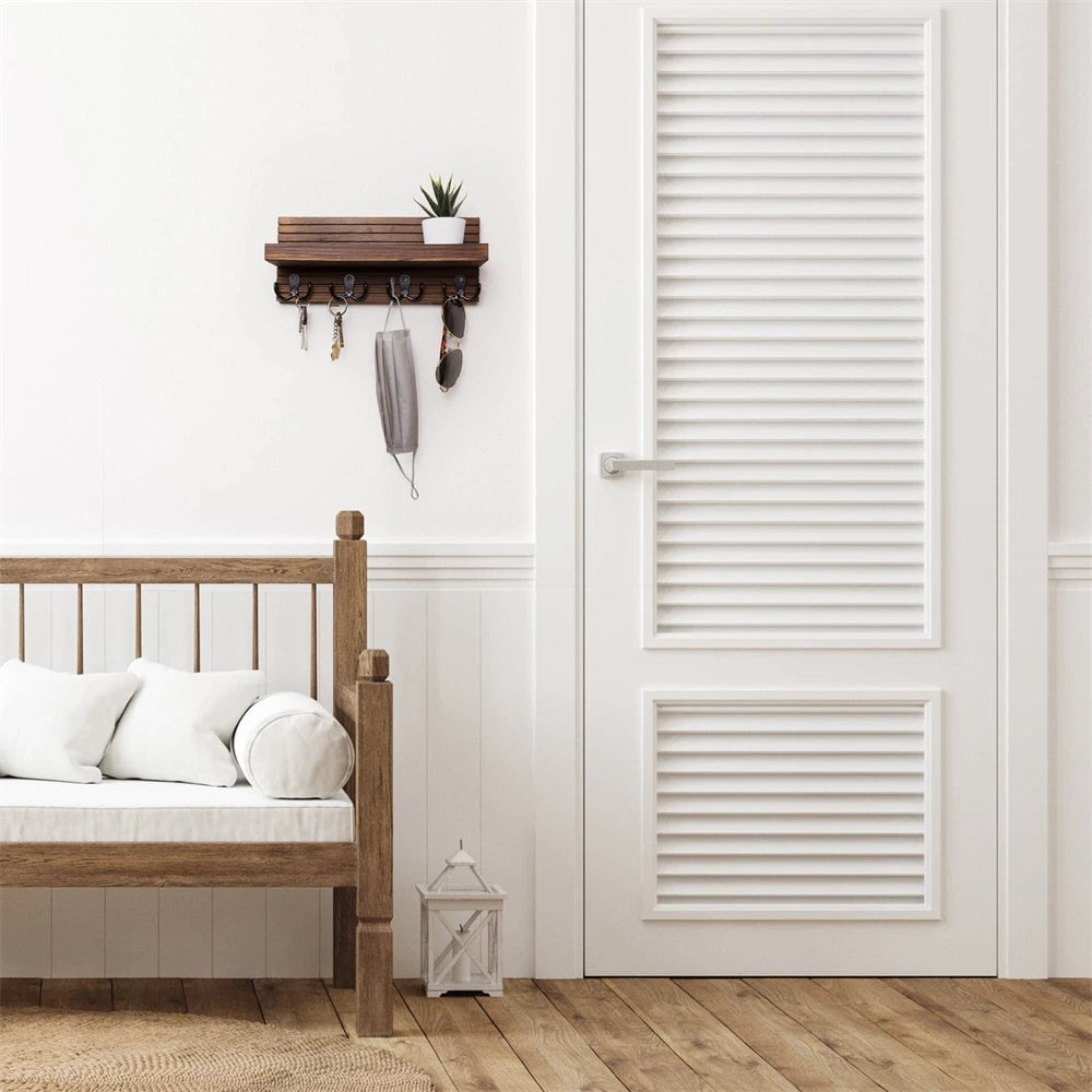Wooden Wall Mount Key Holder Mail Organizer 4 Hooks Rustic Entryway