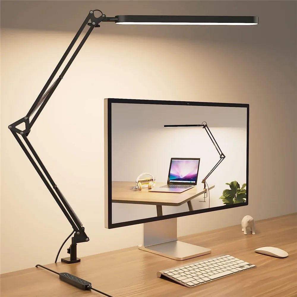 14W LED Desk Lamp Eye-Care Metal Swing Arm 3 Color Dimmable Clamp