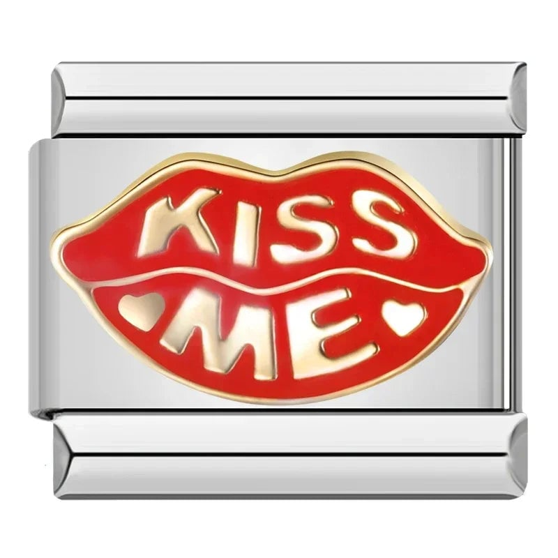 Women's Color Glaze Kiss Me Charm Link 9mm Stainless Steel Bracelet