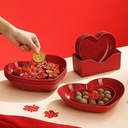 Red Heart Shaped Plates Set - Wedding Festival Cake Snack Serving