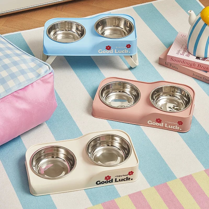 Stainless Steel Double Bowl Elevated Pet Feeder Non-Slip Foldable