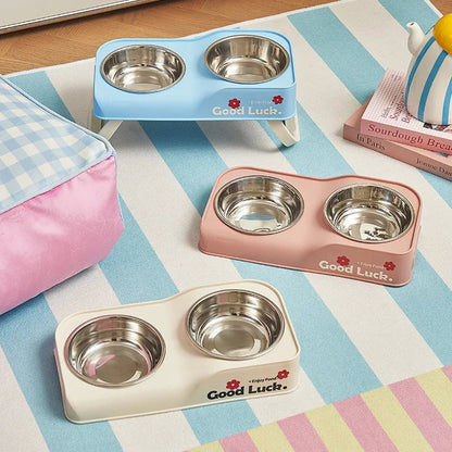 Stainless Steel Double Bowl Elevated Pet Feeder Non-Slip Foldable