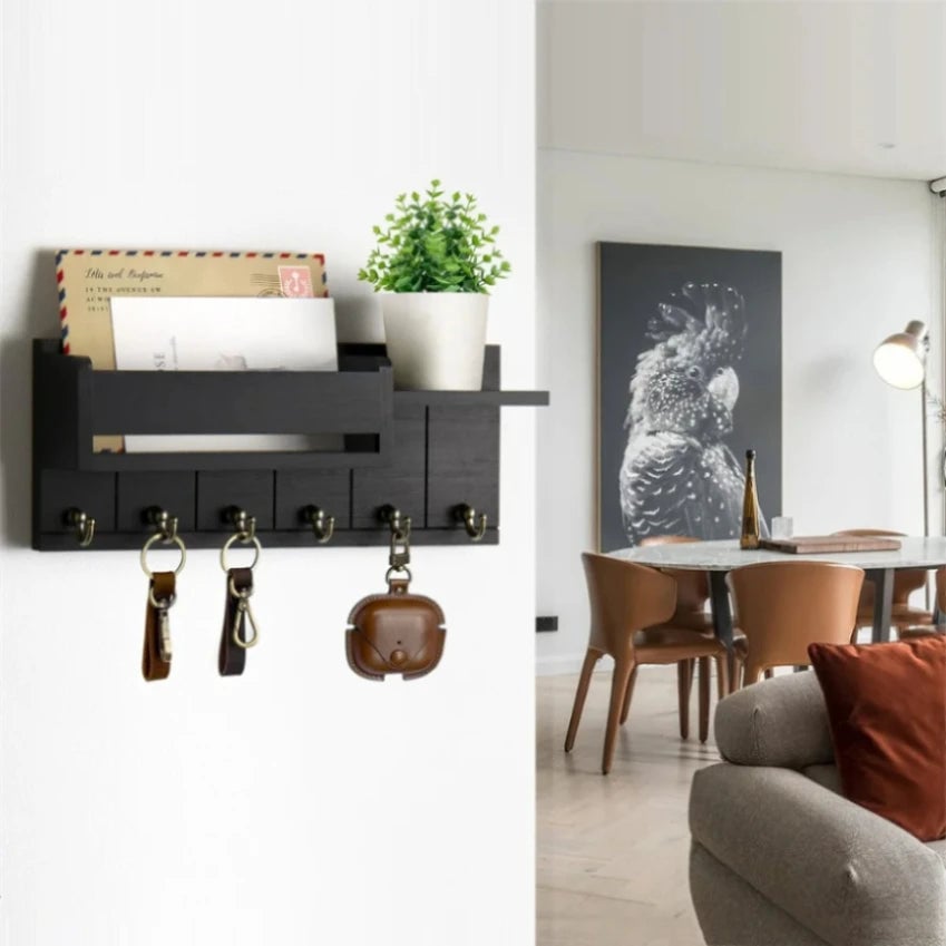Rustic Wood Entryway Wall Shelf 6 Hook Mail Key Organizer Storage