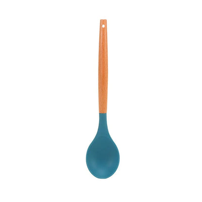 Blue Heat-Resistant Silicone Spatula Spoon with Wooden Handle