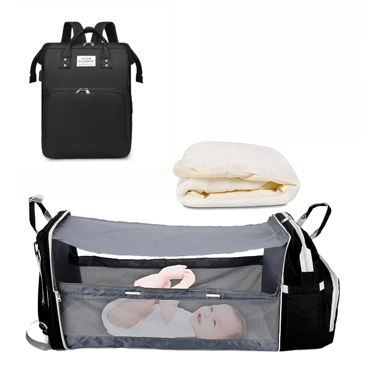 3-in-1 Diaper Bag Backpack with Foldable Baby Bed & USB Charging