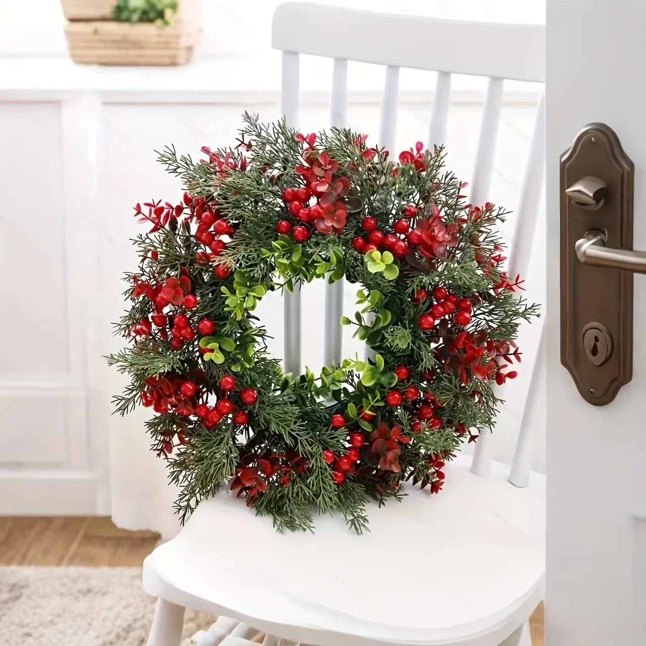 Artificial Christmas Red Berry Wreath Green Leaves Front Door Decor