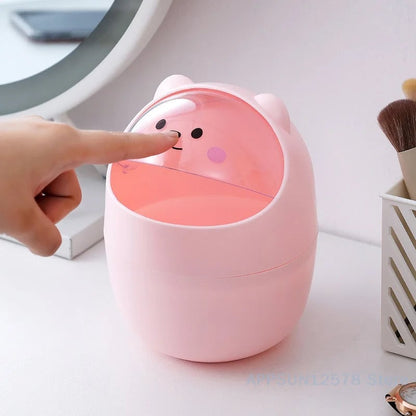 Desktop Wastebasket with Lid | Cartoon Storage Bin | Makeup Organizer