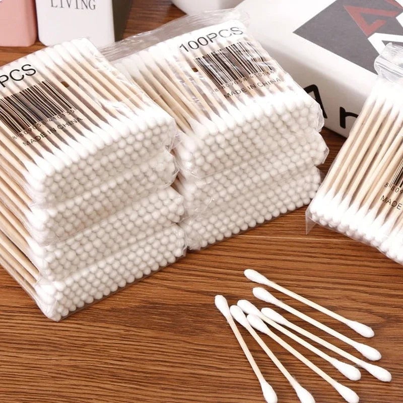 Transparent Cotton Swab Storage Box with Bamboo Lid Double Organizer