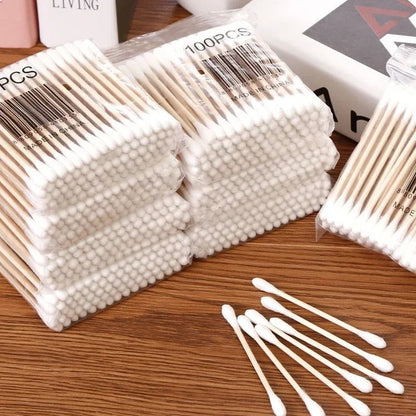 Transparent Cotton Swab Storage Box with Bamboo Lid Double Organizer