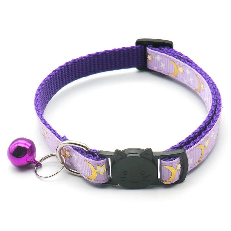 Reflective Gold Stars Moon Cat Collar with Safety Buckle Bell