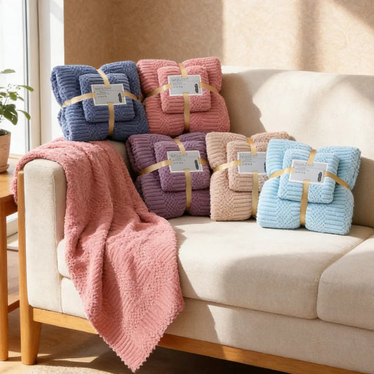 Lucky Grid Coral Fleece Bath Towel Set - Quick-Dry Absorbent