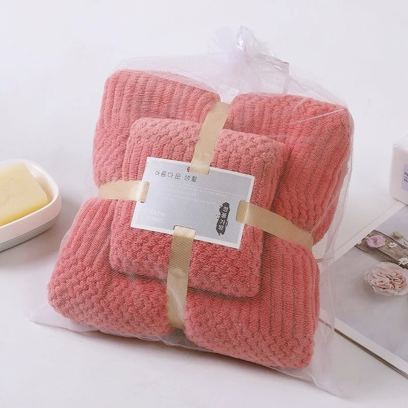 Lucky Grid Coral Fleece Bath Towel Set - Quick-Dry Absorbent