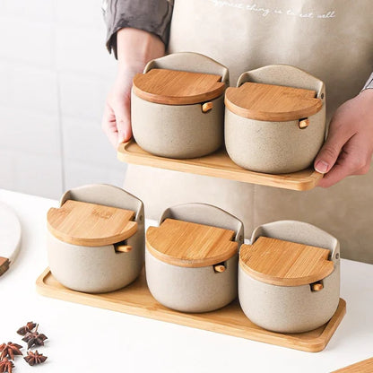 Japanese Ceramic Spice Jar with Bamboo Lid & Spoon - Kitchen Storage