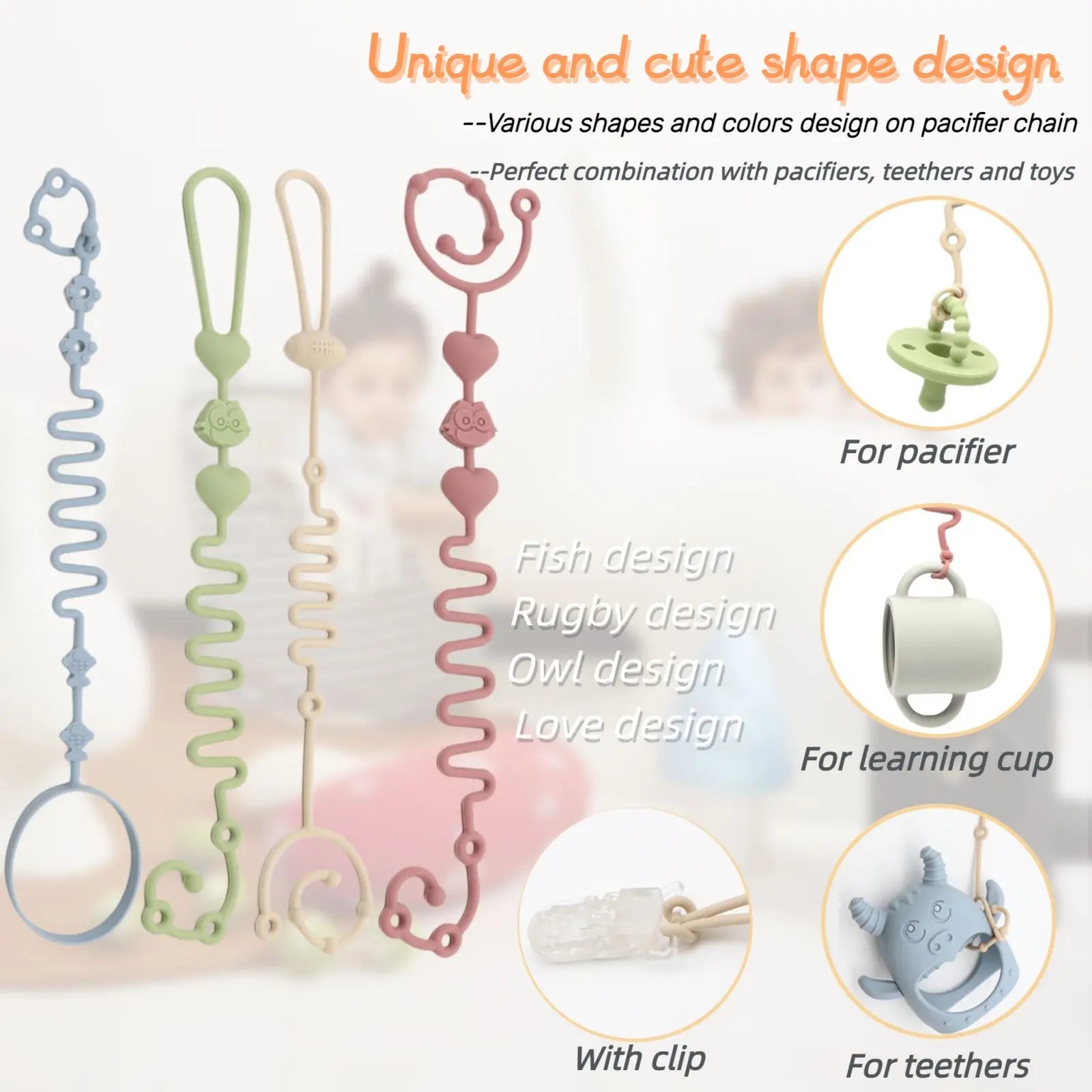 4 Adjustable Silicone Pacifier Chain Teether Toys Baby Beige