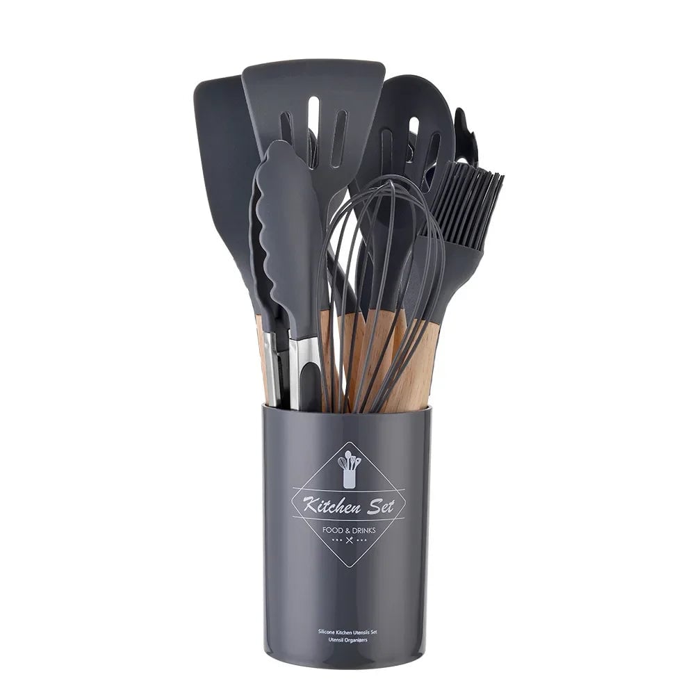 12PC Silicone Kitchen Utensils Set Non-Stick Wooden Handle Spatula