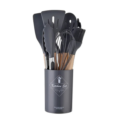 12PC Silicone Kitchen Utensils Set Non-Stick Wooden Handle Spatula