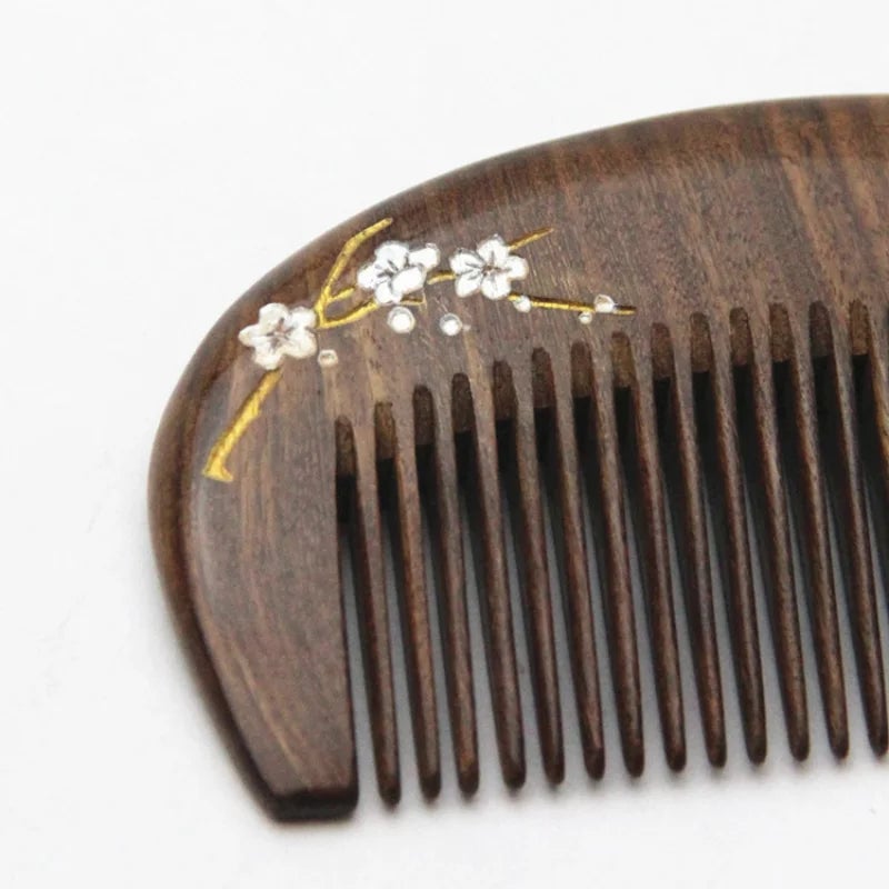 Natural Sandalwood Massage Hair Comb - Gold Plum Branch Design